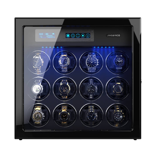 JINS&VICO Watch Winder for Automatic Watches, 12-Slots Winder and 6 Free Storages Carbon Fibre Shell with High-Gloss Lacquer, Upgraded Adjustable Watch Pillows Fit for Universal Lady and Men's Watch, Built-in Illumination