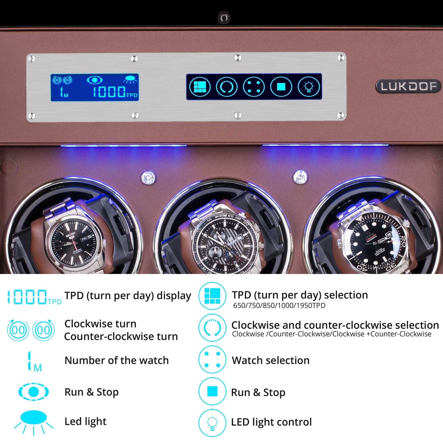 6+4 Walnut Wood Automatic Quad Watch Winder, LUKDOF
