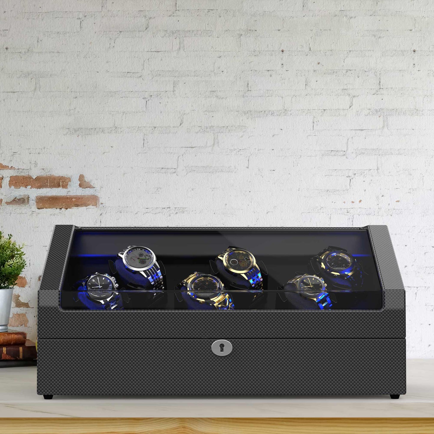 6-Slots Watch Winder with 6 Storages, High-Gloss Piano Lacquer, Carbon Fiber,TRIPLE TREE