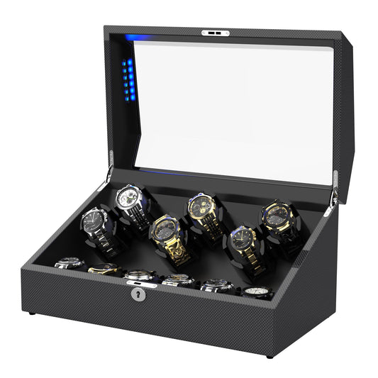 12 Pieces Watch Winder with Storage, Carbon fiber