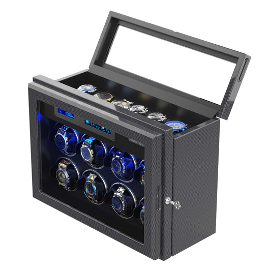 JINS&VICO Watch Winder for Automatic Watches, 8-Slots and 6 Free Storages Carbon Fibre Shell with High-Gloss Lacquer, Upgraded Adjustable Watch Pillows Fit for Universal Lady and Men's Watch, Built-in Illumination