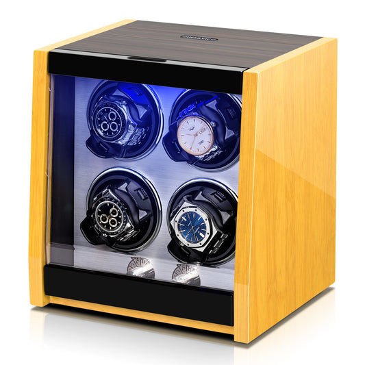 JINS&VICO Watch Winder for Automatic Watches,High-end 4 Watch Winders with Bamboo Pattern High Gloss Finish,Built-in Illumination,Retractable Watch Pillows,4 Mode Settings, AC Adapter Charger