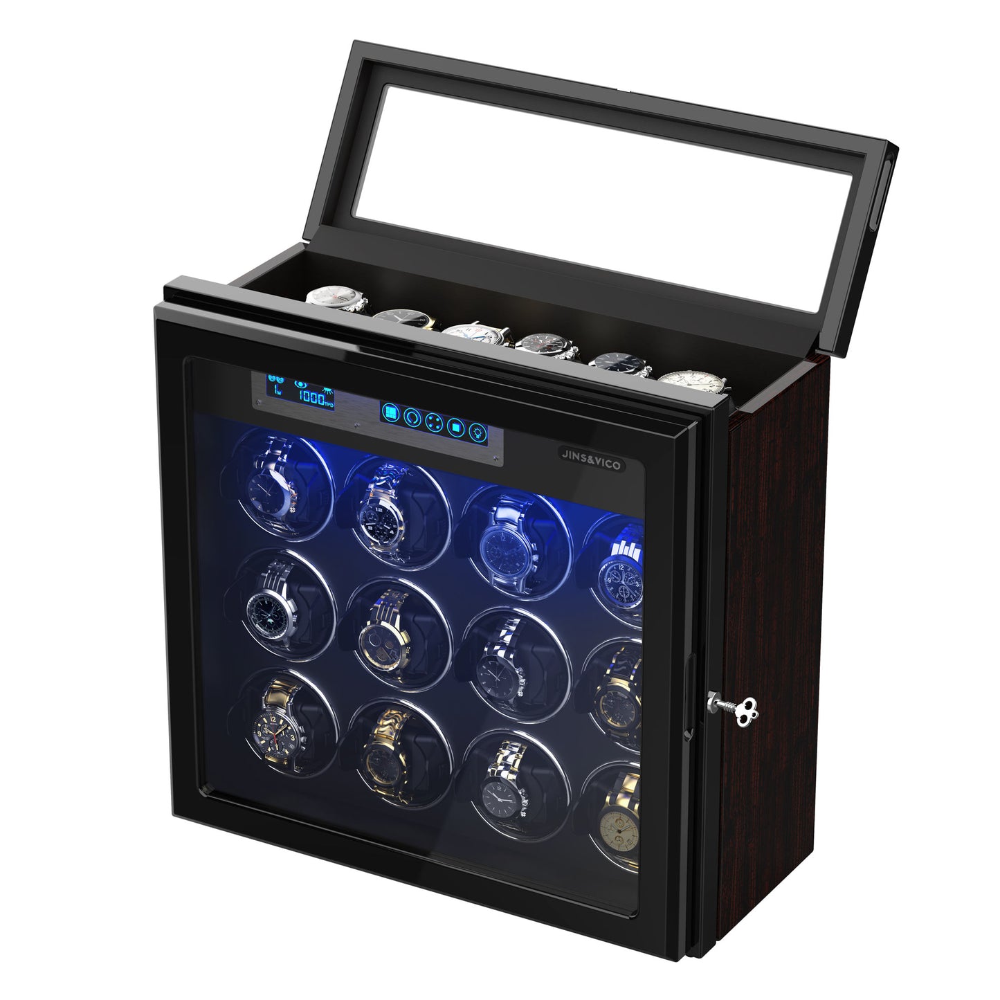 12-Slots Watch Winder with 6 Free Storages, Carbon Fibre Shell with High-Gloss Lacquer, JINS&VICO