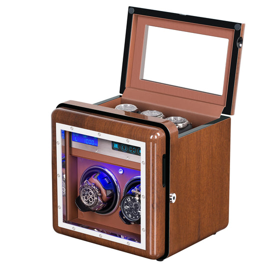 2-Slots Walnut Wood Automatic Watch Winder with 3 Storages, High-Gloss Piano Lacquer, LUKDOF