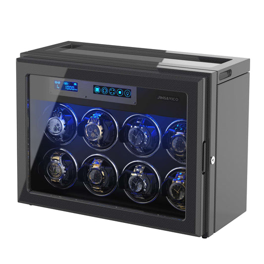 JINS&VICO Watch Winder for Automatic Watches, 8-Slots and 6 Free Storages Carbon Fibre Shell with High-Gloss Lacquer, Upgraded Adjustable Watch Pillows Fit for Universal Lady and Men's Watch, Built-in Illumination
