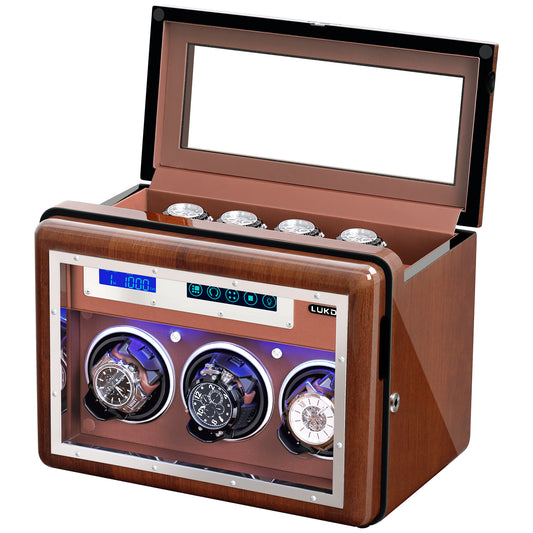 3-Slots Walnut Wood Automatic Watch Winder, High-Gloss Piano Lacquer, LUKDOF