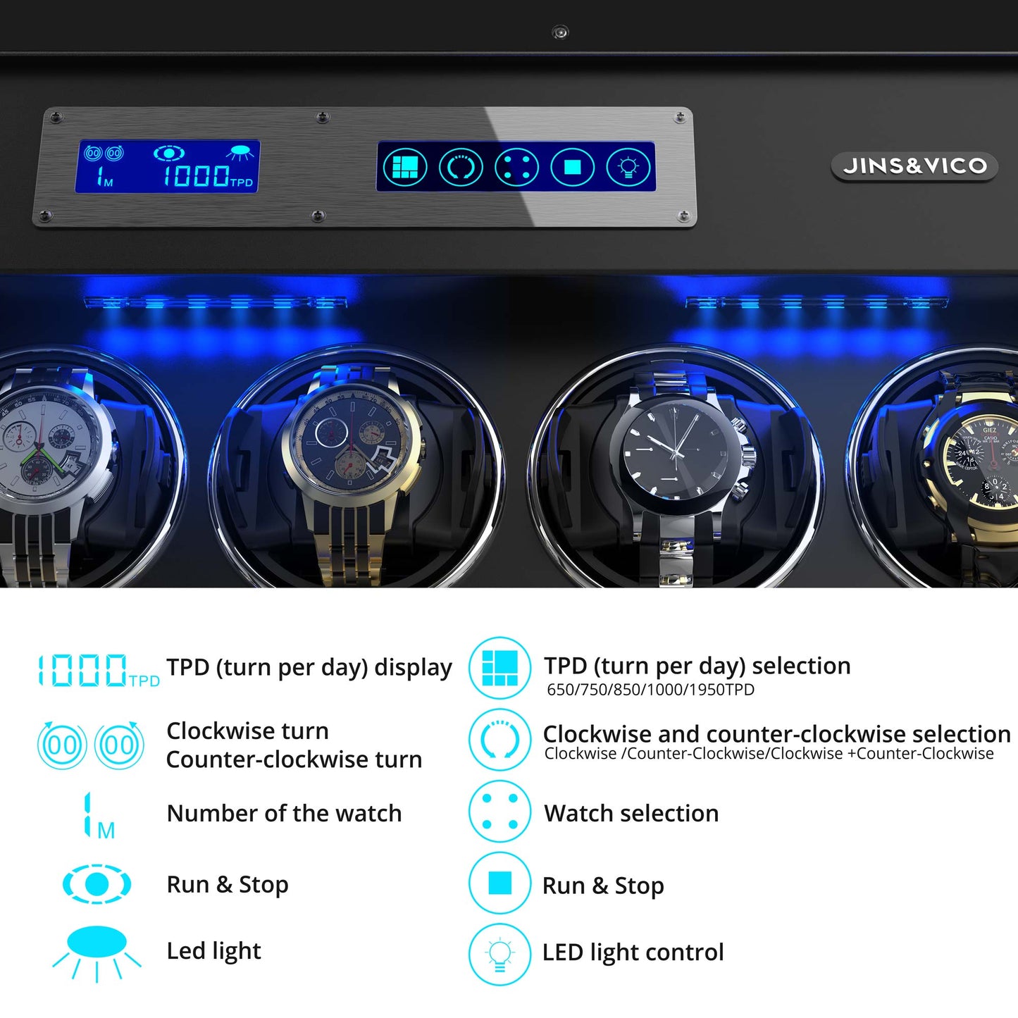12-Slots Watch Winder with 6 Free Storages, Carbon Fibre Shell with High-Gloss Lacquer, JINS&VICO