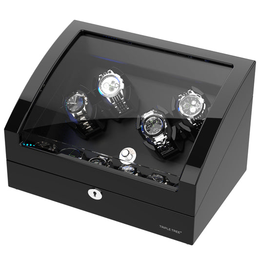 Watch Winder for 4 Automatic Watches with Extra 6 Watch Storages, High-Gloss Piano Lacquer, TRIPLE TREE