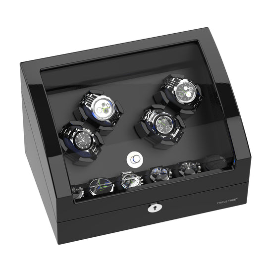 Watch Winder for 4 Automatic Watches with Extra 6 Watch Storages, High-Gloss Piano Lacquer, TRIPLE TREE