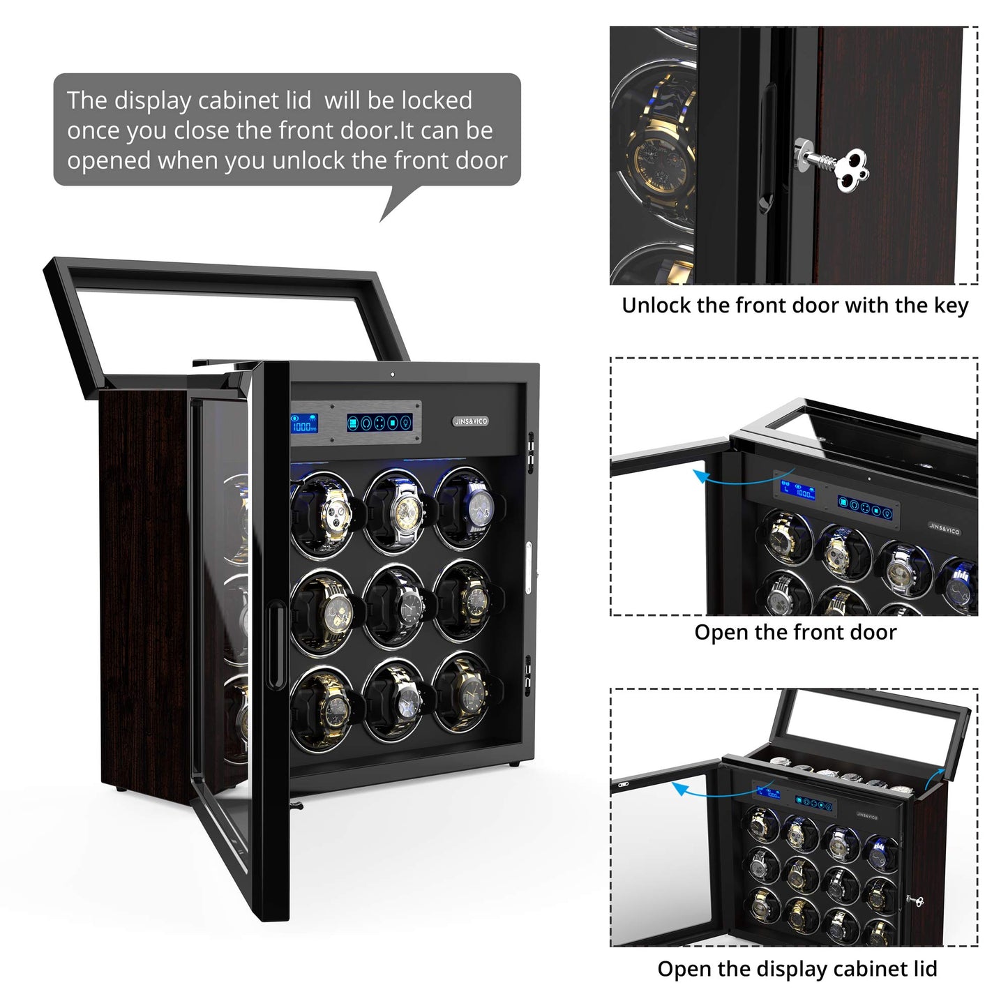 12-Slots Watch Winder with 6 Free Storages, Carbon Fibre Shell with High-Gloss Lacquer, JINS&VICO