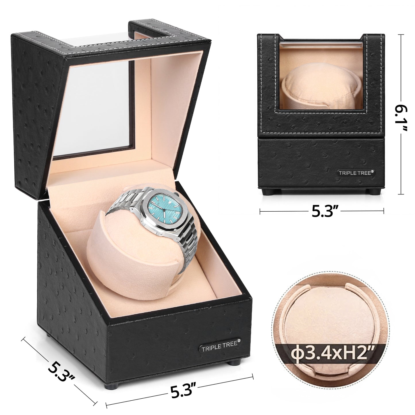 Single Watch Winder with Plush Watch Pillow, Multiple Running Mode, TRIPLE TREE