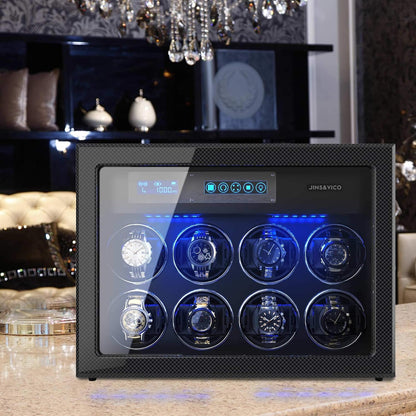12-Slots Watch Winder with 6 Free Storages, Carbon Fibre Shell with High-Gloss Lacquer, JINS&VICO