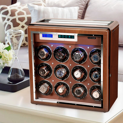 12-Slots Walnut Watch Winder with 6 Free Storages, High-Gloss Piano Lacquer, LUKDOF