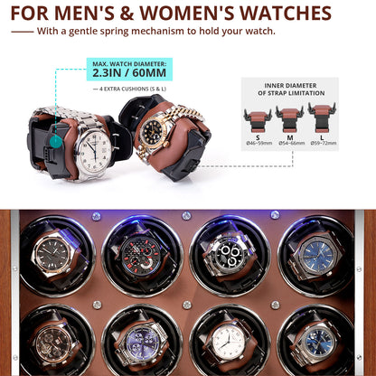 12-Slots Walnut Watch Winder with 6 Free Storages, High-Gloss Piano Lacquer, LUKDOF