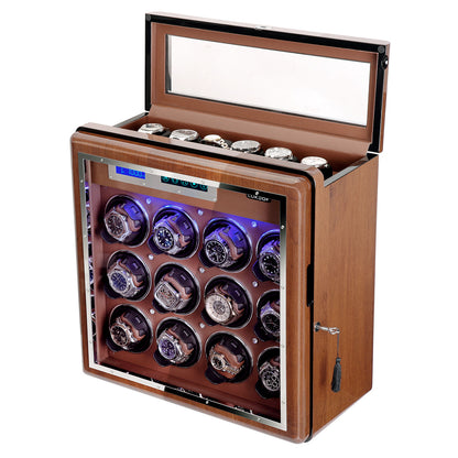 12-Slots Walnut Watch Winder with 6 Free Storages, High-Gloss Piano Lacquer, LUKDOF