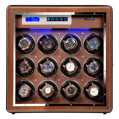 12-Slots Walnut Watch Winder with 6 Free Storages, High-Gloss Piano Lacquer, LUKDOF