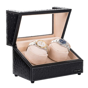 Deluxe Double Watch Winder Display Box in Black Leather, TRIPLE TREE