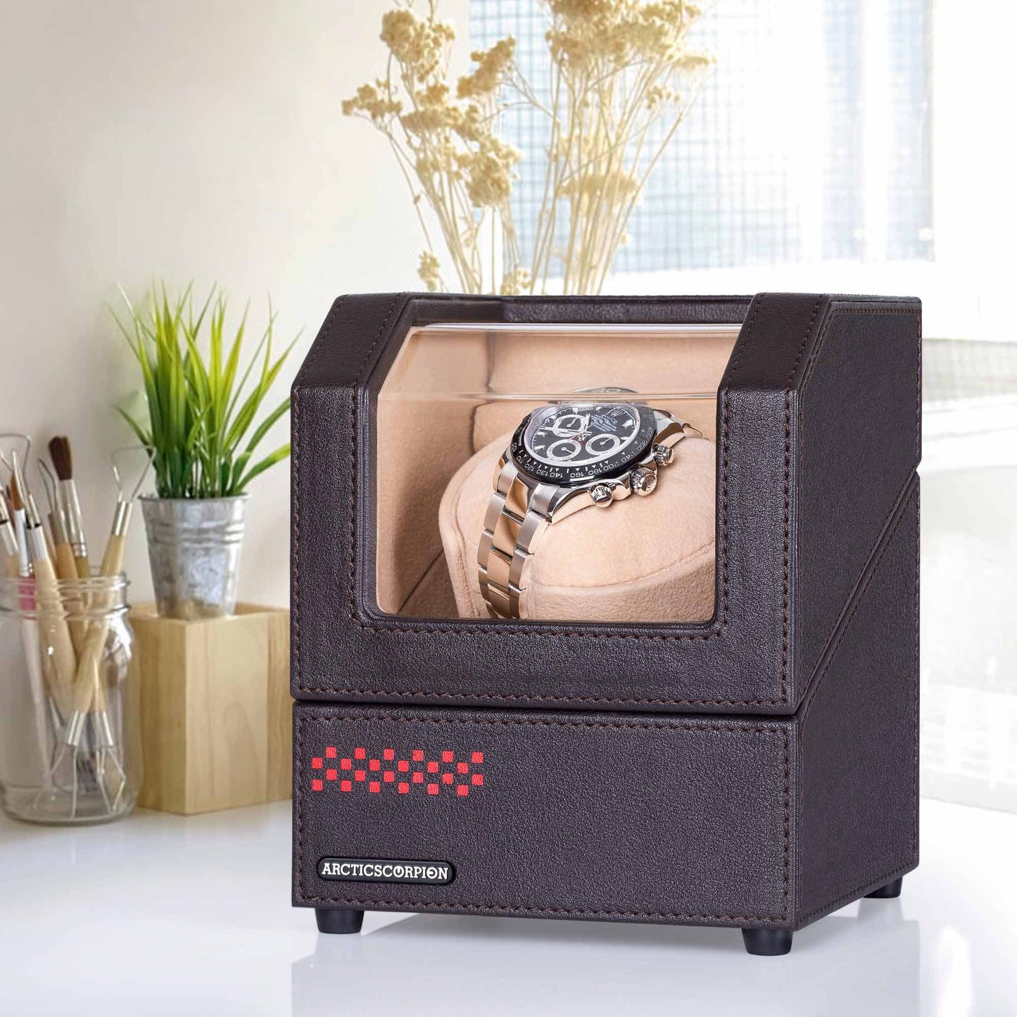 Single Watch Winder Brown Leather, ARCTICSCORPION