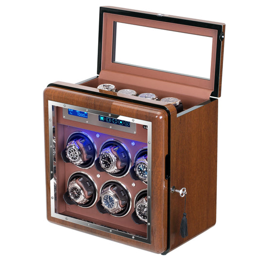 Walnut Wood Automatic 6-Slots Watch Winder with 4 Fee Storages, LUKDOF