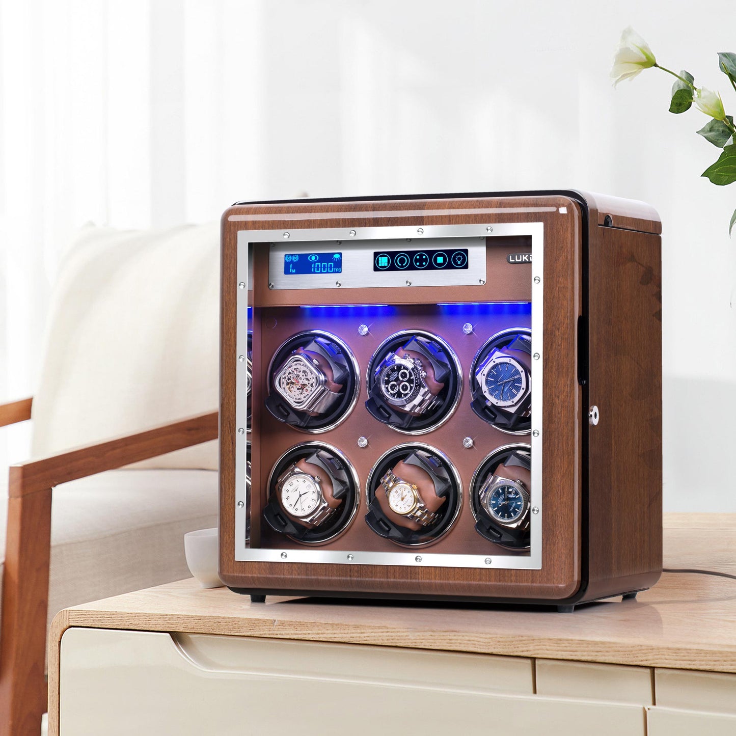 6+4 Walnut Wood Automatic Quad Watch Winder, LUKDOF