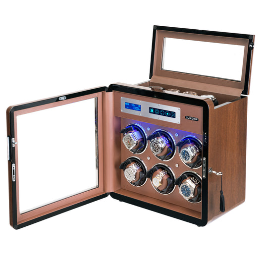 6+4 Walnut Wood Automatic Quad Watch Winder, LUKDOF