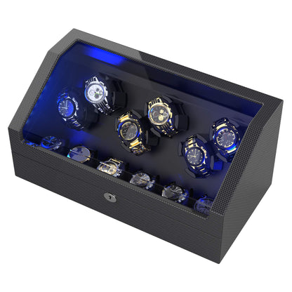 6-Slots Watch Winder with 6 Storages, High-Gloss Piano Lacquer, Carbon Fiber,TRIPLE TREE