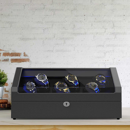 6-Slots Watch Winder with 6 Storages, High-Gloss Piano Lacquer, Carbon Fiber,TRIPLE TREE