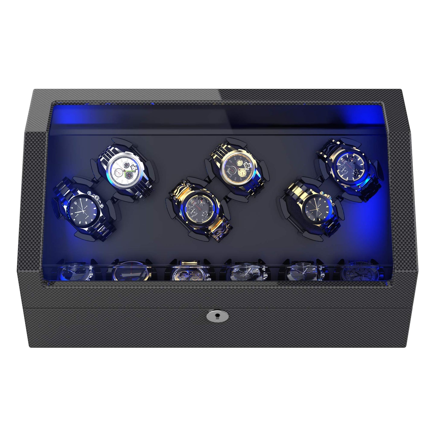 6-Slots Watch Winder with 6 Storages, High-Gloss Piano Lacquer, Carbon Fiber,TRIPLE TREE