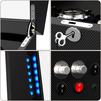 6-Slots Watch Winder with 6 Storages, High-Gloss Piano Lacquer, Carbon Fiber,TRIPLE TREE