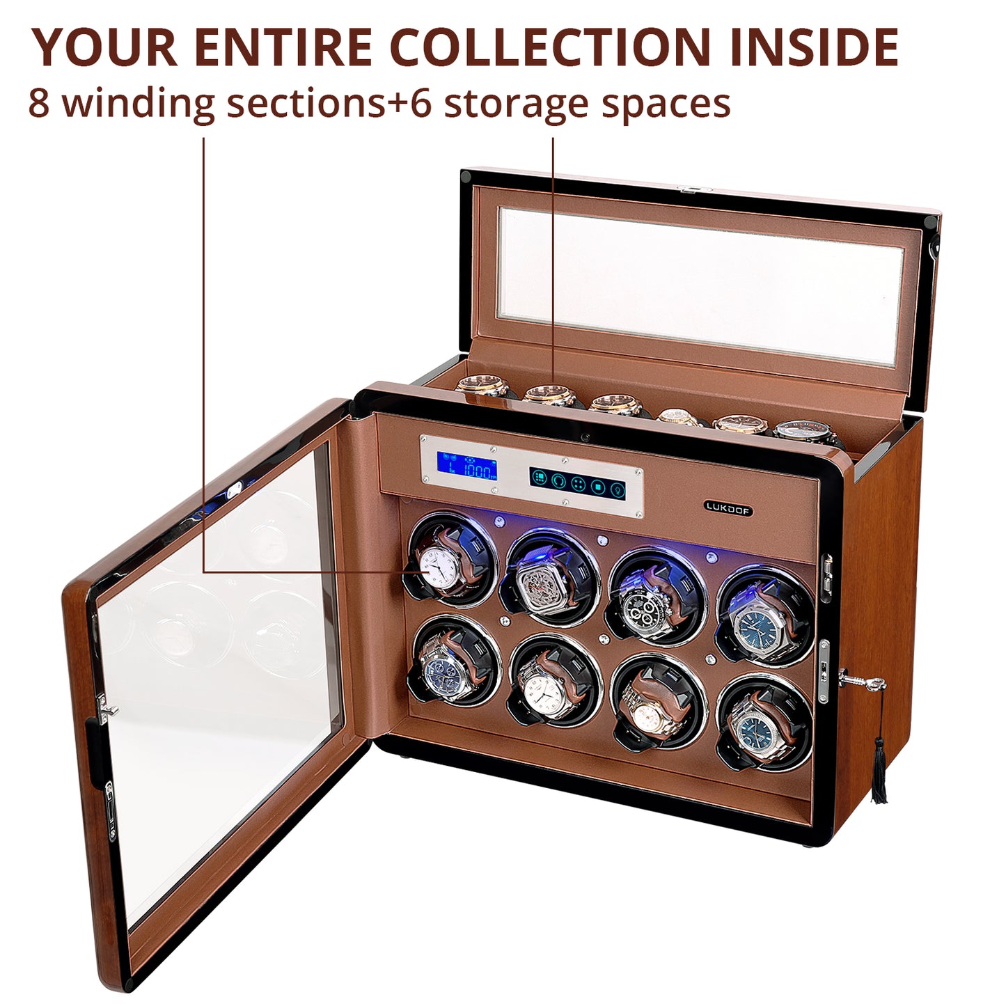 8+6 Walnut Wood Automatic Quad Watch Winder, LUKDOF