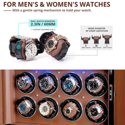 8-Slots Watch Winder with 6 Free Storages, High-Gloss Piano Lacquer, LUKDOF