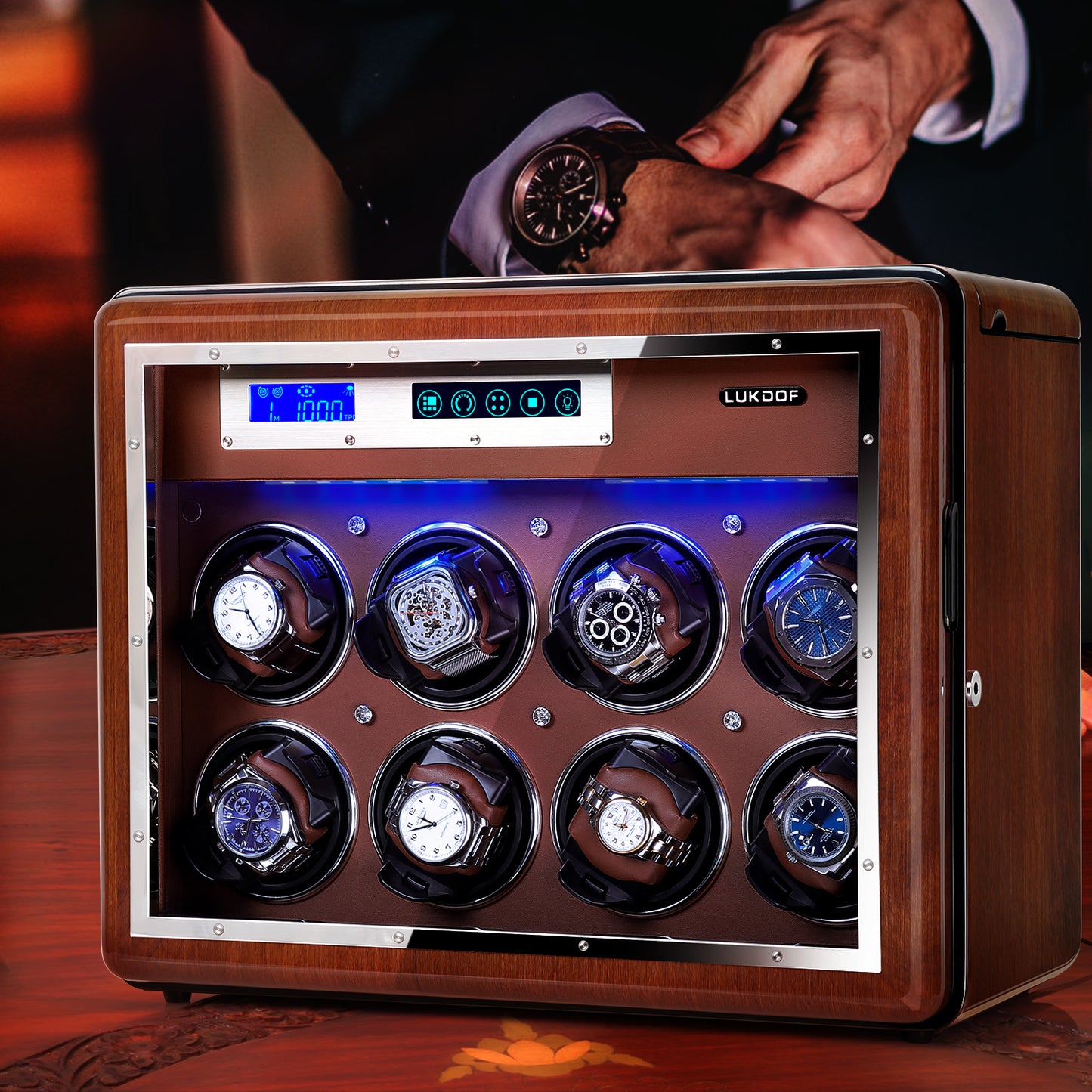 8+6 Walnut Wood Automatic Quad Watch Winder, LUKDOF