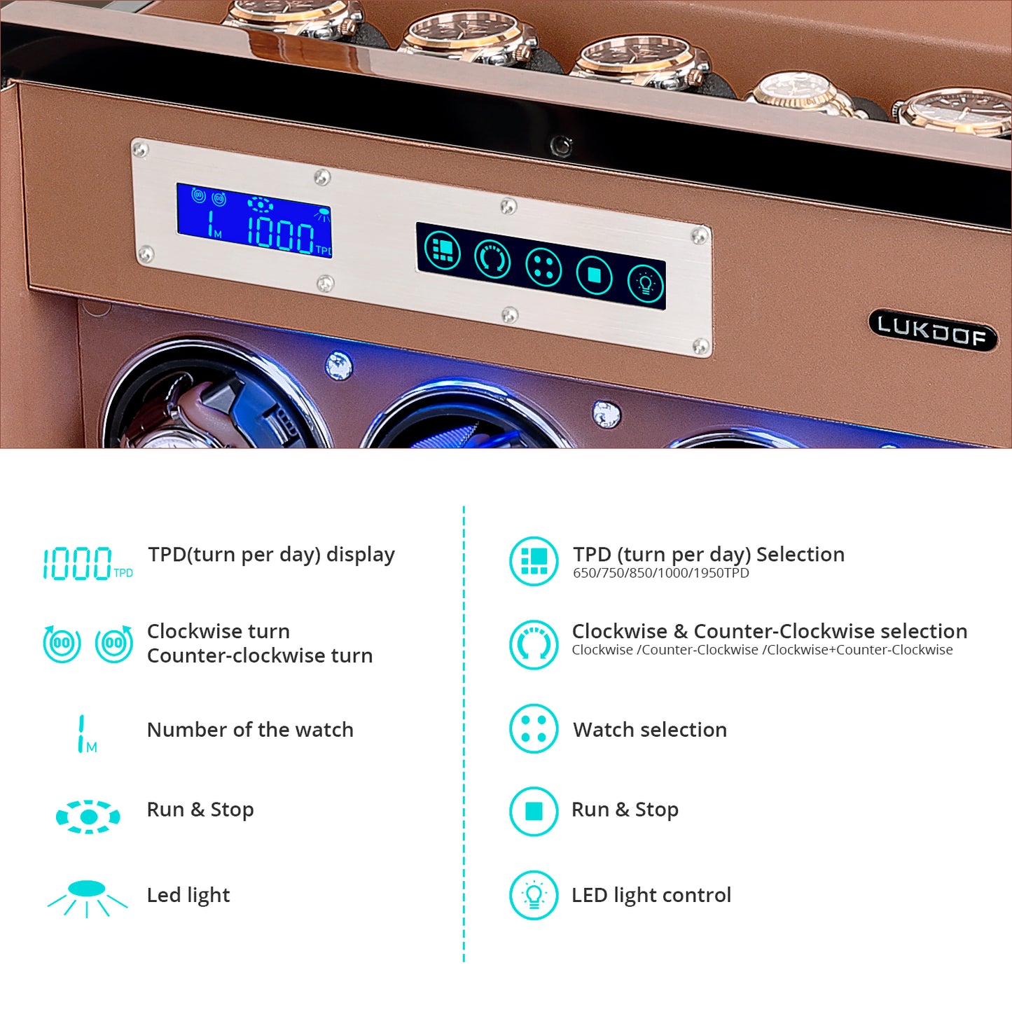 8+6 Walnut Wood Automatic Quad Watch Winder, LUKDOF