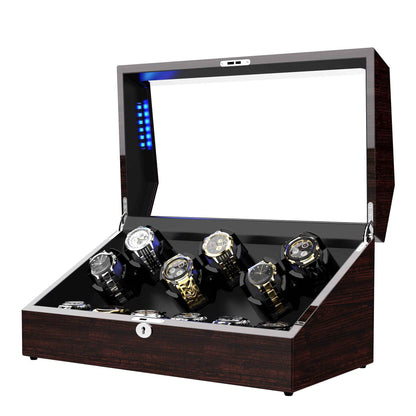 6-Slots Watch Winder with 6 Storage, High-Gloss Piano Lacquer Pine Bark Pattern, ARCTICSCORPION