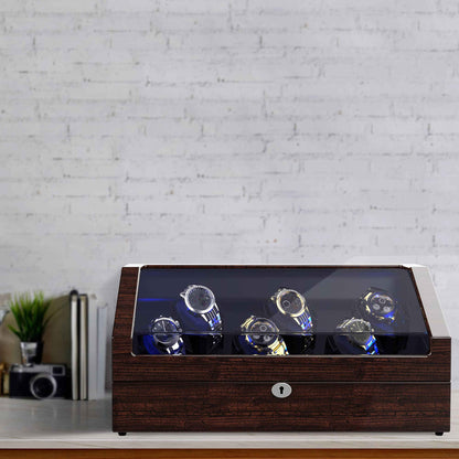 6-Slots Watch Winder with 6 Storage, High-Gloss Piano Lacquer Pine Bark Pattern, ARCTICSCORPION