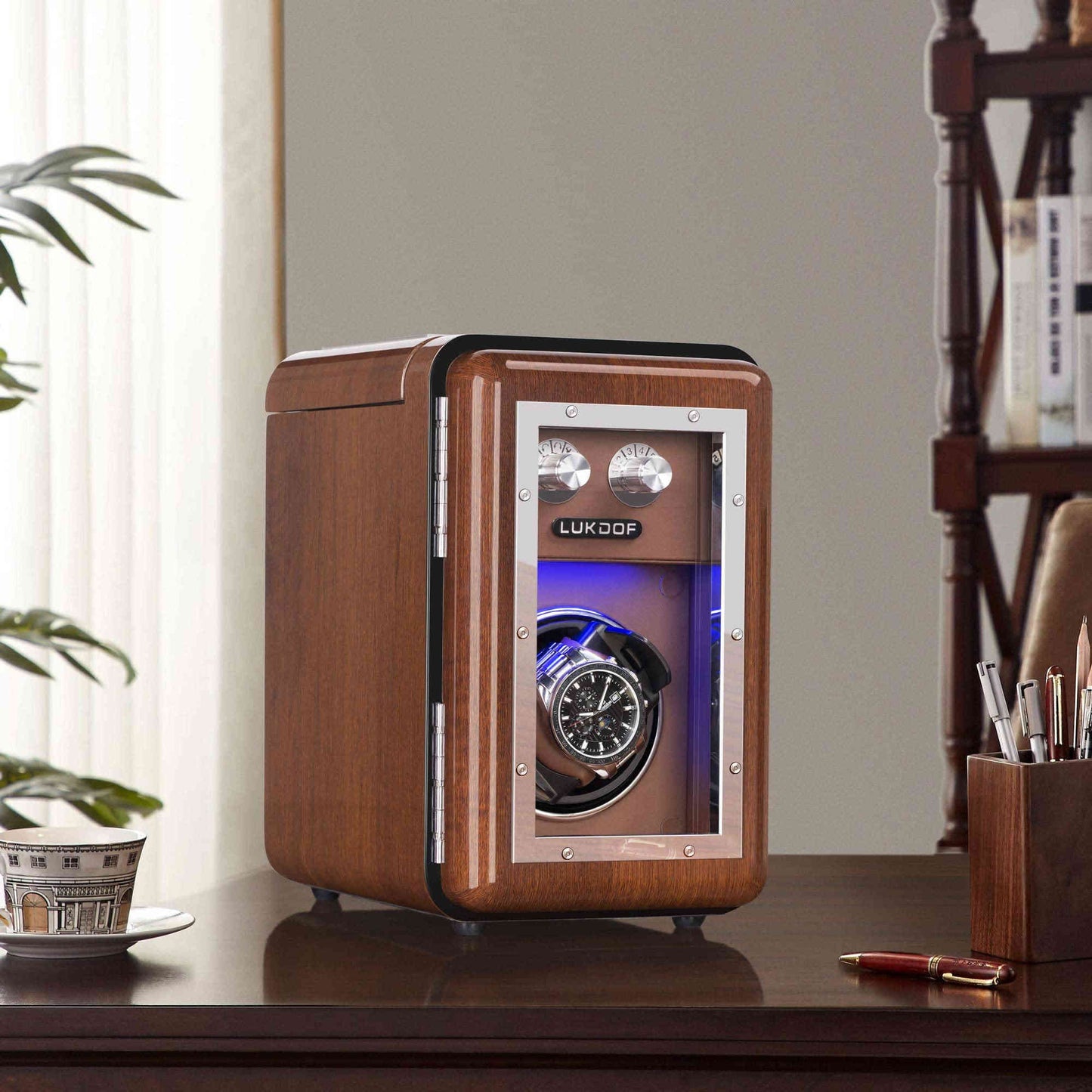 1+2 Walnut Wood Automatic Watch Winder, LUKDOF