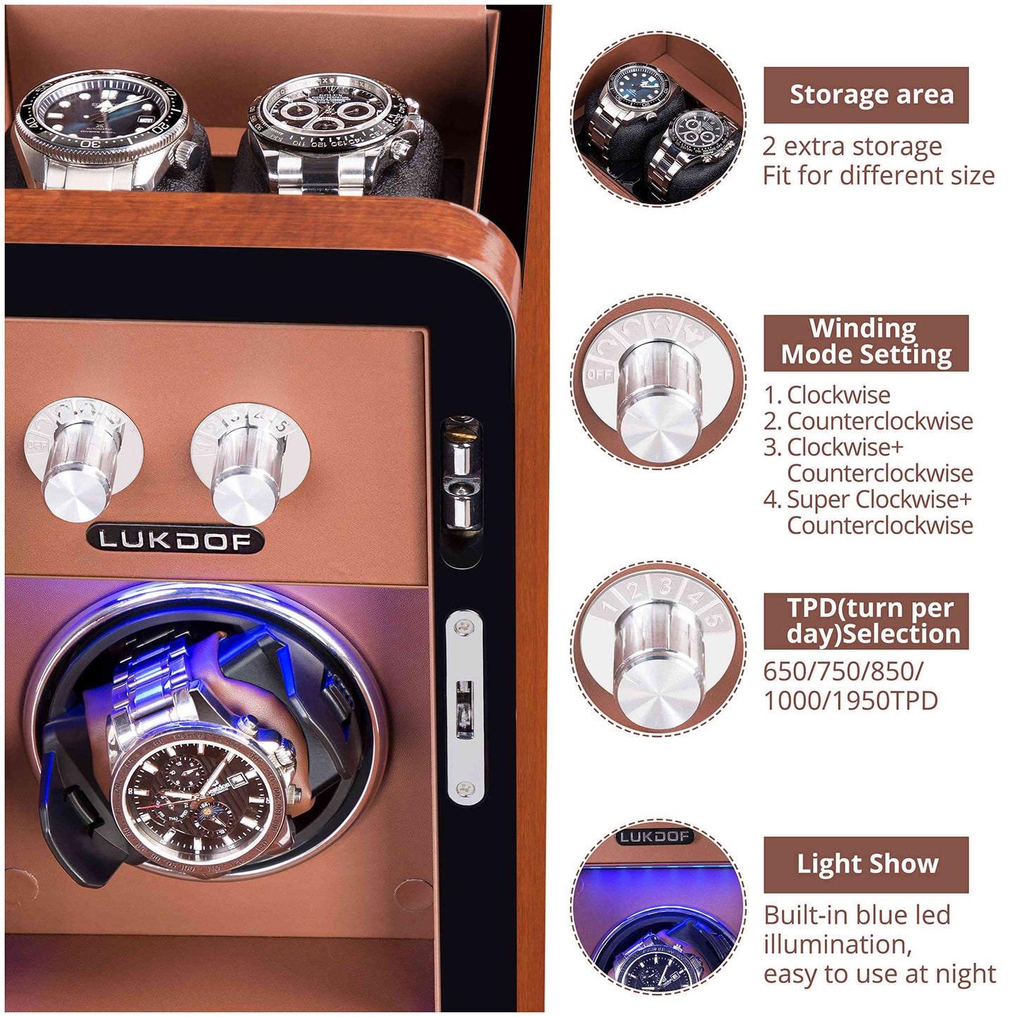 1+2 Walnut Wood Automatic Watch Winder, LUKDOF