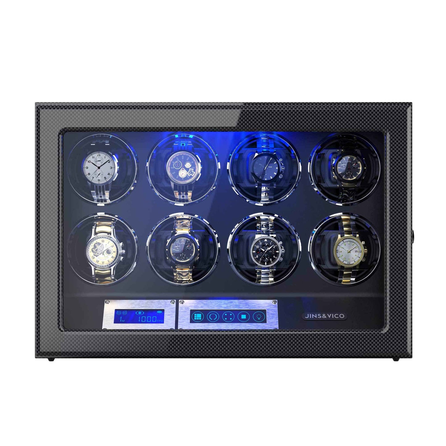 8 Watches Carbon Fiber Watch Winder Box with Backlight, JINS&VICO