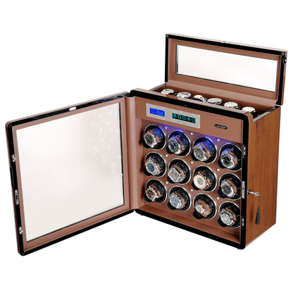 12-Slots Walnut Watch Winder with 6 Free Storages, High-Gloss Piano Lacquer, LUKDOF